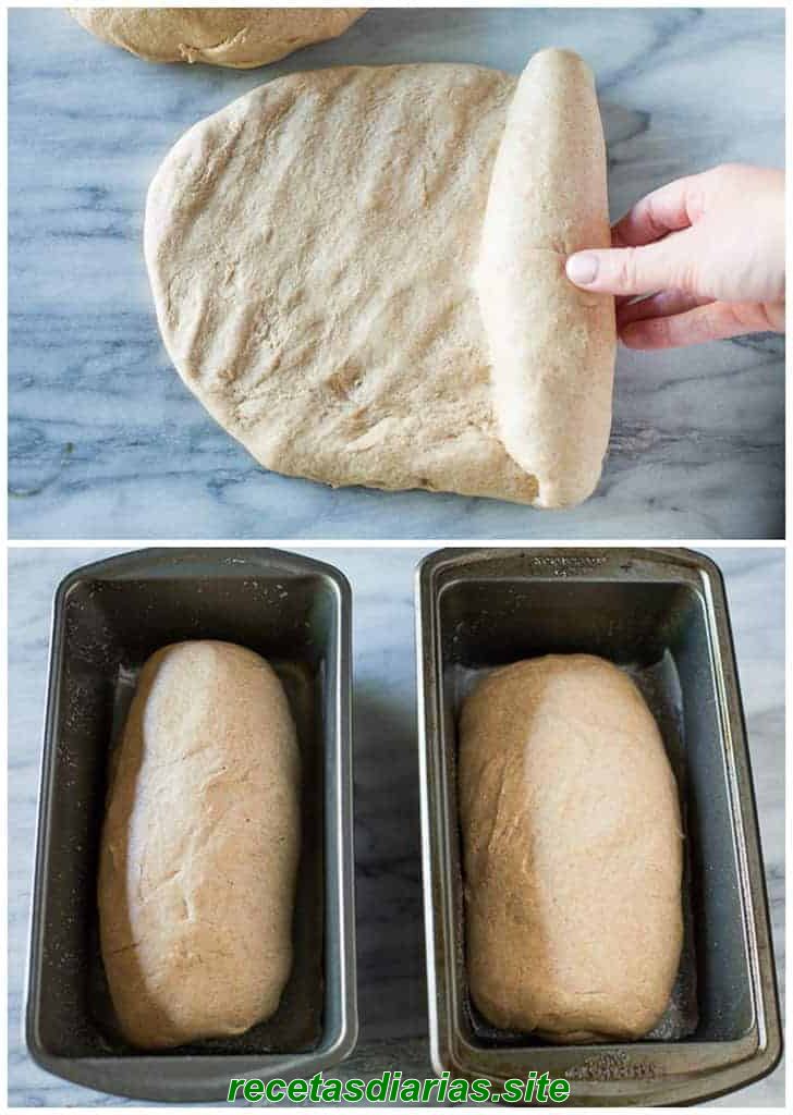 全粒粉パンの生地は丸太に丸められ、全粒粉パンを焼く準備ができている 2 つのフライパンの別の写真。